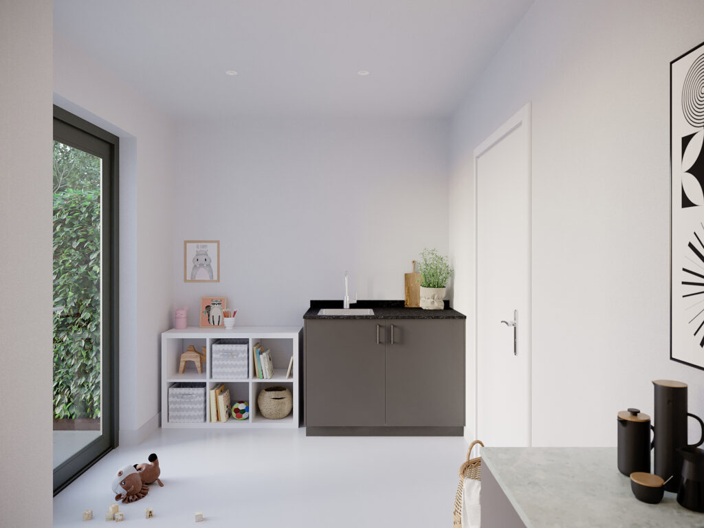 Interieur pantry model Par, metallic black kleur, ara zwart mat handgrepen en tray werkblad.