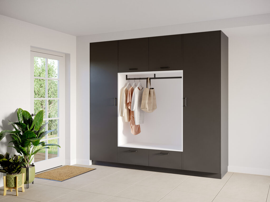 Interieur bijkeuken model Putter, metallic black kleur, met ara zwart mat handgrepen.